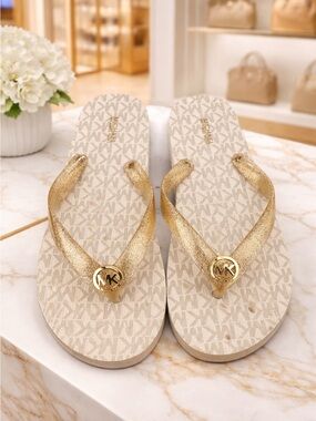 Michael Kors Gold Metallic Logo Flip-Flop Sandals